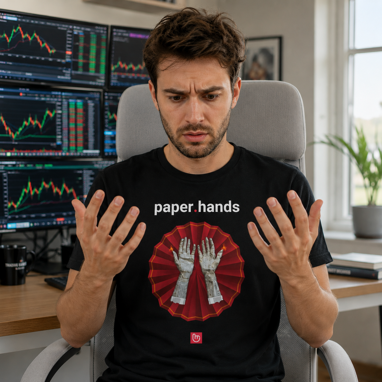Black paper.hands nano.narrative tee worn by a nervous stock trader in a bright home trading office, staring anxiously at his trembling hands in front of multiple market monitors.