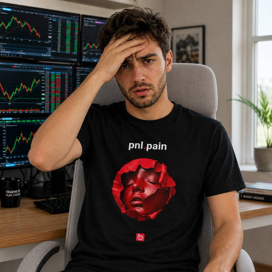 Black pnl.pain nano.narrative tee worn by a distressed young stock trader in a bright home trading office, resting one hand on his forehead while staring painfully toward the camera