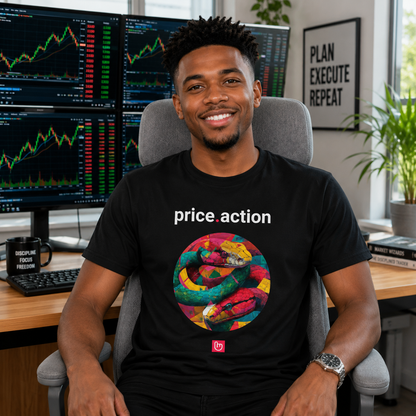 Black price.action nano.narrative tee worn by a confident young Black stock trader in a bright modern trading office, smiling toward the camera in front of glowing market monitors and a gray chair.