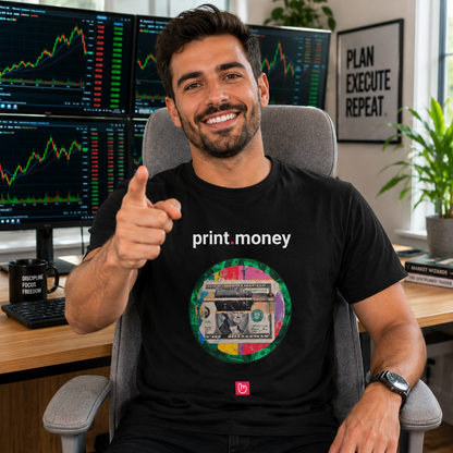 Black print.money nano.narrative tee worn by a smiling retail trader in a bright modern home trading office, pointing toward the camera while seated in a gray chair in front of glowing stock charts.