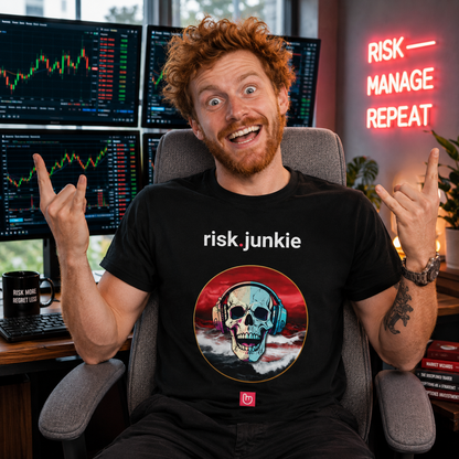 Black risk.junkie nano.narrative tee worn by a wild-looking redheaded options trader in a bright modern home trading office, smiling crazily at the camera in front of glowing market charts and a gray chair.