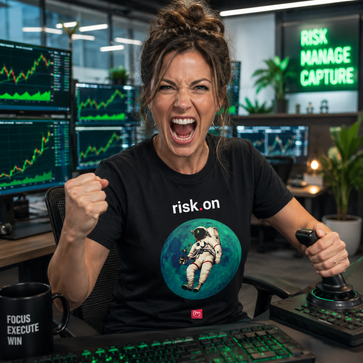Black risk.on nano.narrative tee worn by an aggressive female options trader in a bright institutional trading office, exploding with excitement while surrounded by glowing green market charts and risk-on energy.
