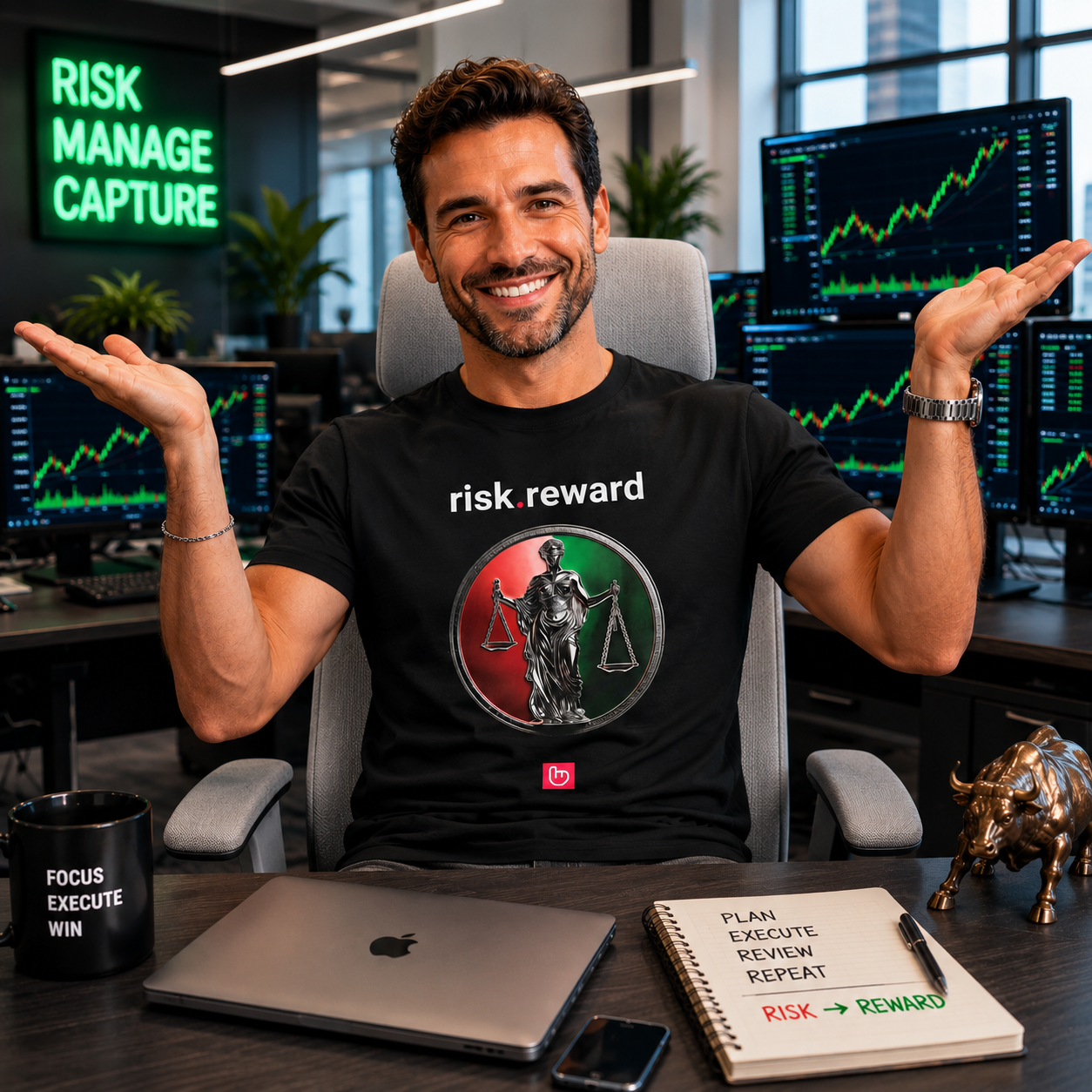 Black risk.reward nano.narrative tee worn by a smiling trader in a bright modern institutional trading office, holding both hands like balanced scales while seated in a light gray chair surrounded by glowing market screens.
