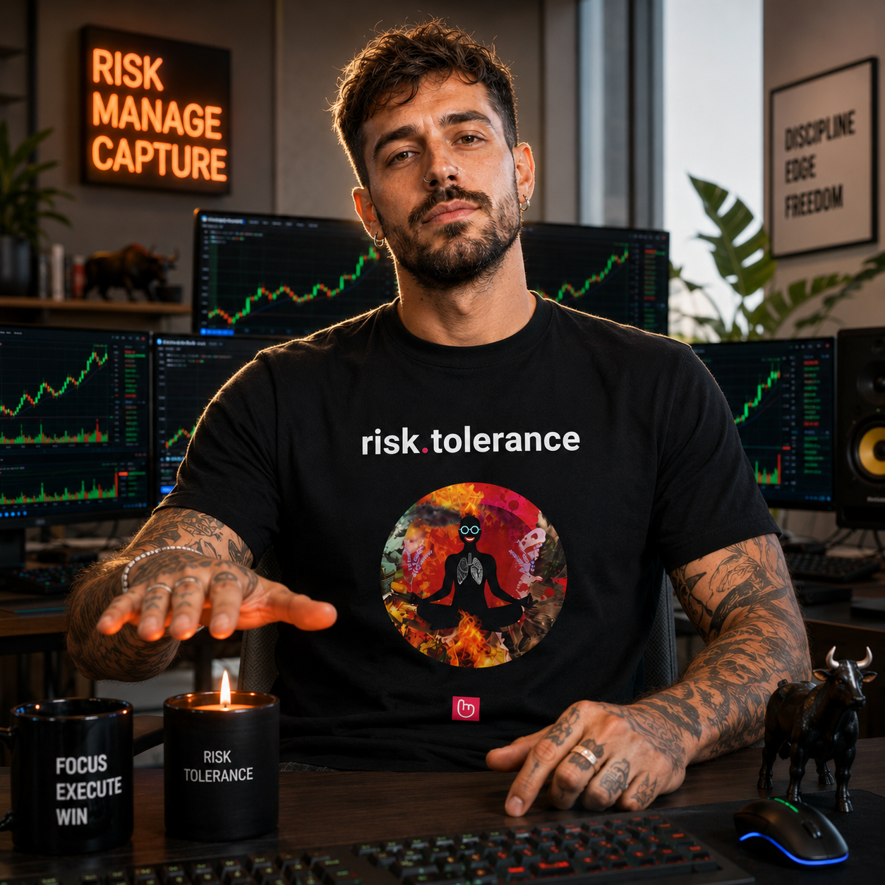 Black risk.tolerance nano.narrative tee worn by a tattooed day trader in a bright modern home trading office, calmly holding his hand above a candle while looking fearlessly into the camera beside glowing market charts.