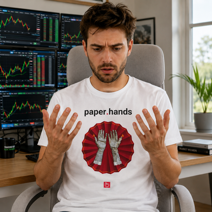 White paper.hands nano.narrative tee worn by an anxious stock trader in a bright modern trading room, looking fearfully at his shaking hands beside glowing stock charts.