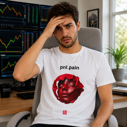 White pnl.pain nano.narrative tee worn by a stressed young trader in a bright modern trading room, sitting in a gray chair with one hand on his forehead in front of glowing market charts.
