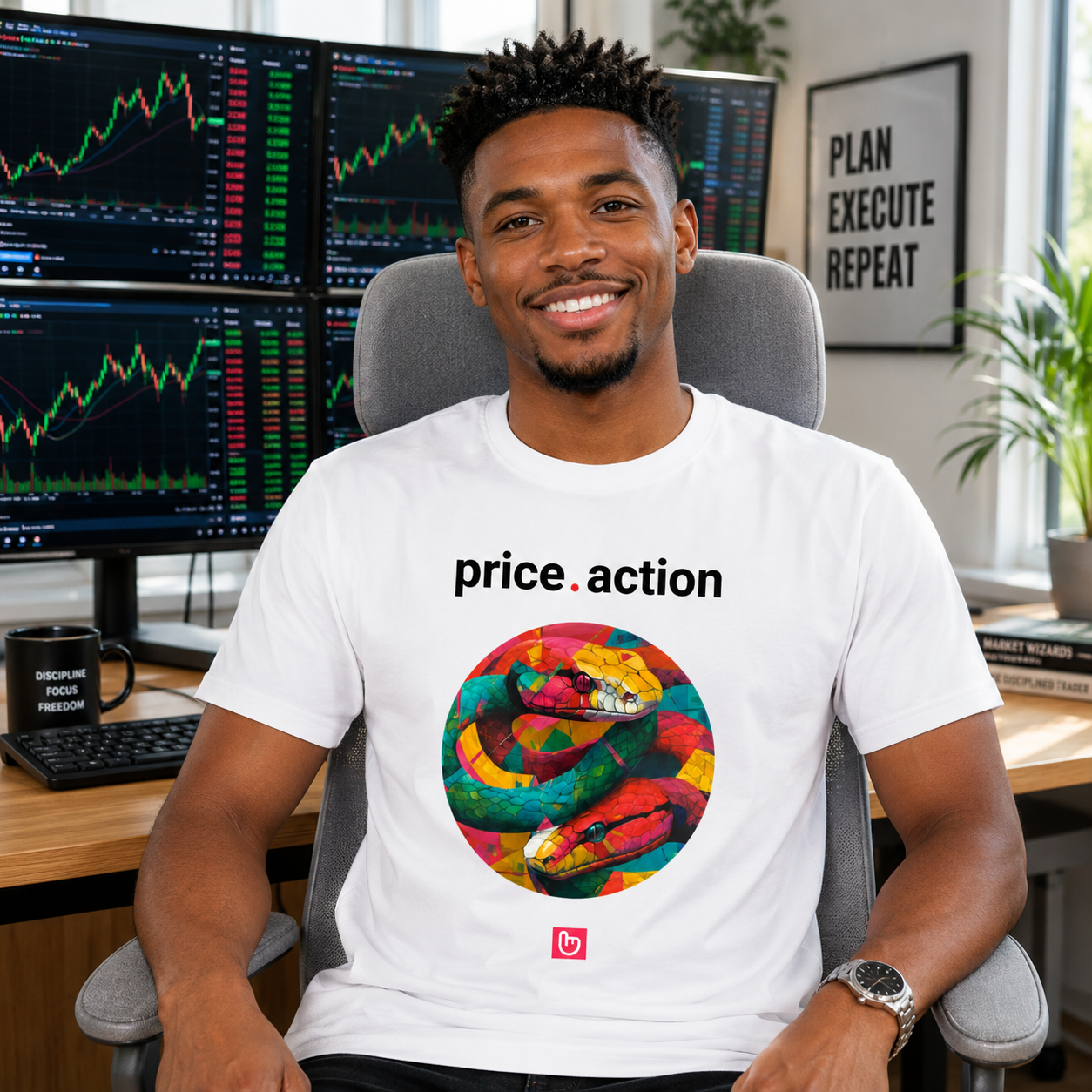 White price.action nano.narrative tee worn by a confident young Black trader in a bright digital trading room, smiling at the camera while seated in front of colorful stock charts and modern trading screens.