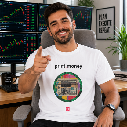 White print.money nano.narrative tee worn by a confident young stock trader in a bright digital trading room, making a button-press gesture toward the camera beside colorful market monitors.