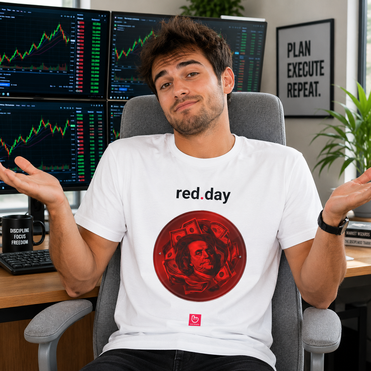 White red.day nano.narrative tee worn by a young retail trader in a bright home trading room, looking at the camera with a frustrated shrug beside colorful trading monitors and a gray chair.