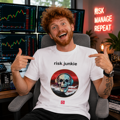 White risk.junkie nano.narrative tee worn by a chaotic redheaded retail trader in a bright high-tech trading room, pointing excitedly at himself while surrounded by stock monitors and neon trading decor.