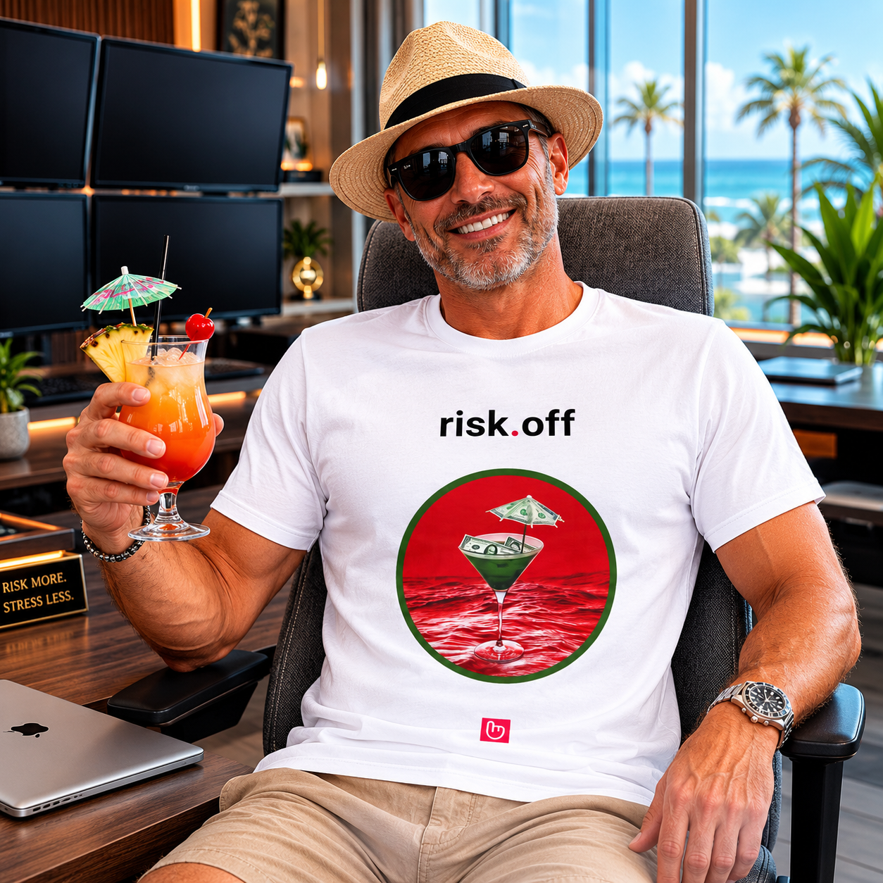 White risk.off nano.narrative tee worn by a confident veteran trader in a bright modern trading room, smiling casually with a tropical drink while seated beside a closed MacBook and dark trading monitors.