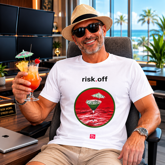 White risk.off nano.narrative tee worn by a confident veteran trader in a bright modern trading room, smiling casually with a tropical drink while seated beside a closed MacBook and dark trading monitors.