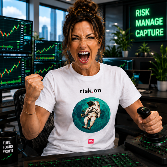 White risk.on nano.narrative tee worn by a powerful female trader in a modern high-end trading room, gripping her trading controls and shouting triumphantly as green stock charts surge behind her.