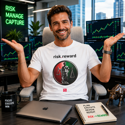 White risk.reward nano.narrative tee worn by a confident professional trader in a sleek high-end trading room, raising both hands in a balance gesture while smiling at the camera beside green stock charts and a modern desk setup.