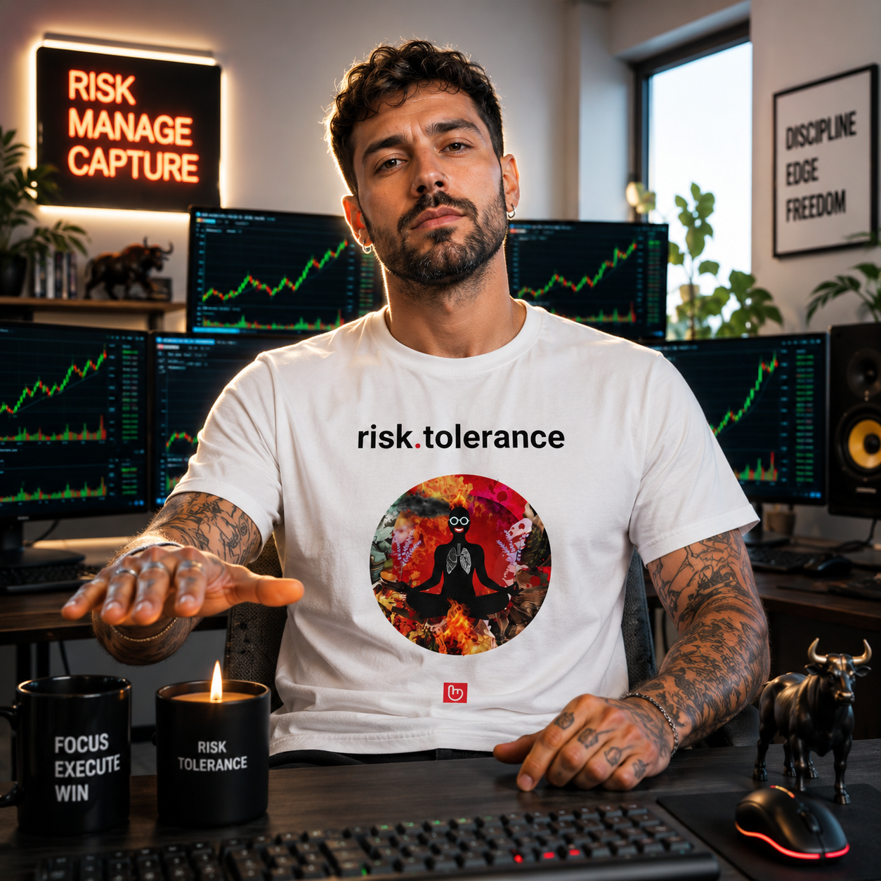 White risk.tolerance nano.narrative tee worn by a heavily tattooed retail trader in a sleek high-tech trading room, hovering his hand above a burning candle with complete calm while green trading screens glow behind him.