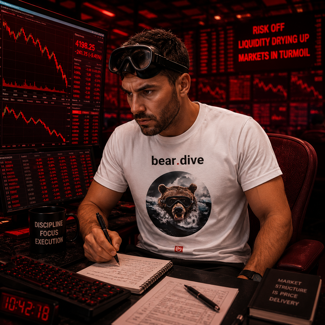 bear.dive – Plunging Markets, Fearless Moves | Bearish Momentum Tee_WHITE| nano.narrative