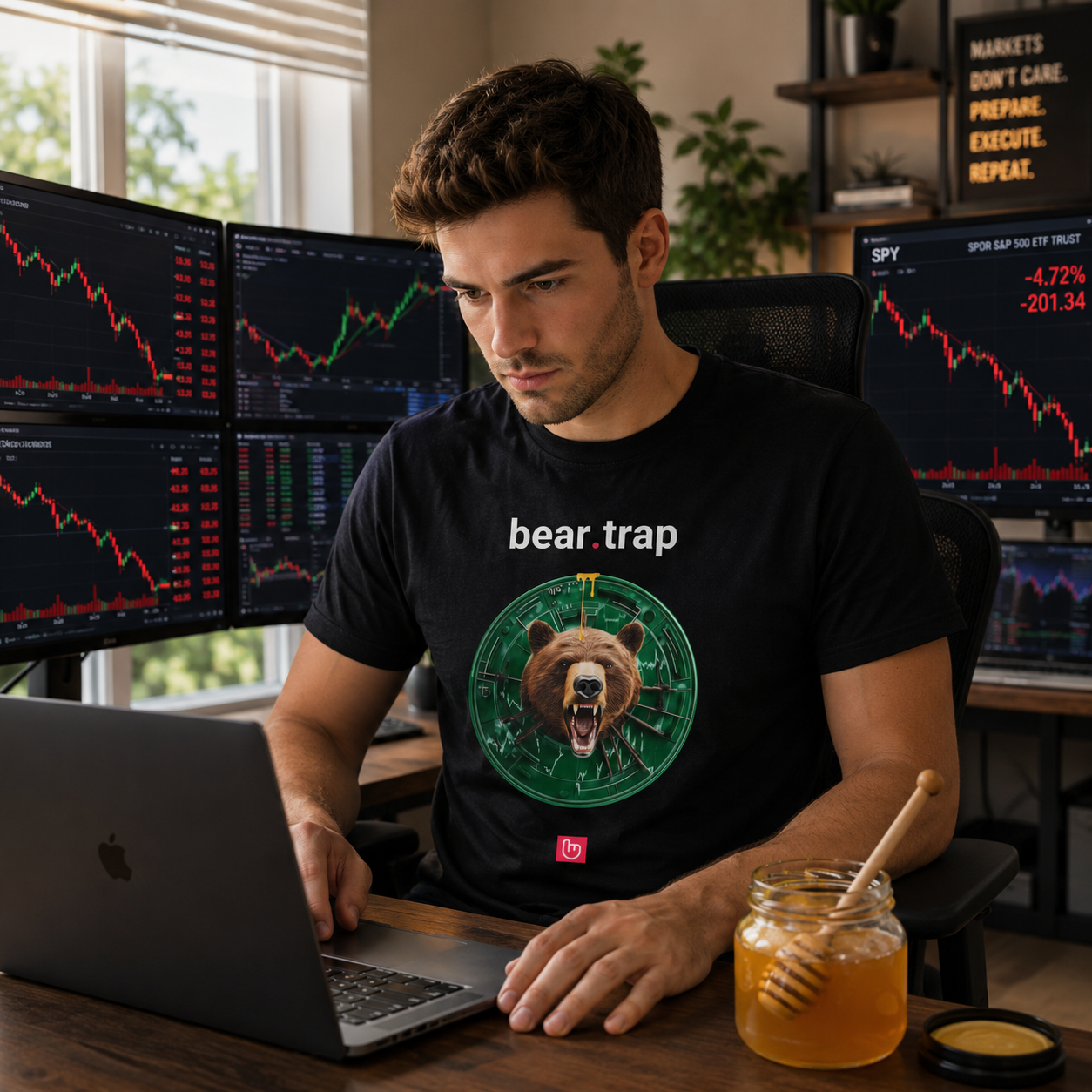 Man wearing a BLACK nano.narrative  'bear trap' t-shirt working at a desk with multiple computer monitors displaying stock market data.
