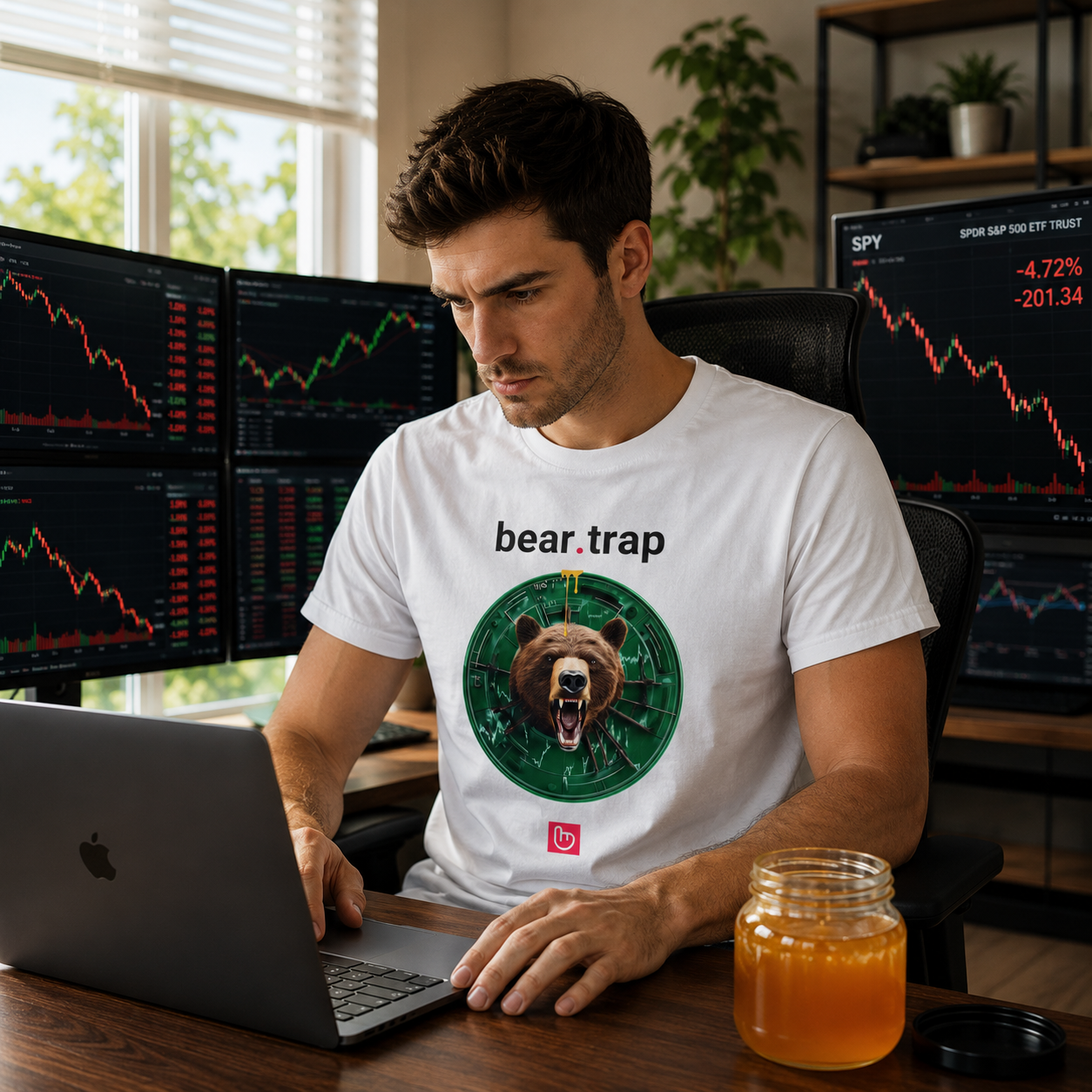Man wearing a WHITE nano.narrative  'bear trap' t-shirt working at a desk with multiple computer monitors displaying stock market data.