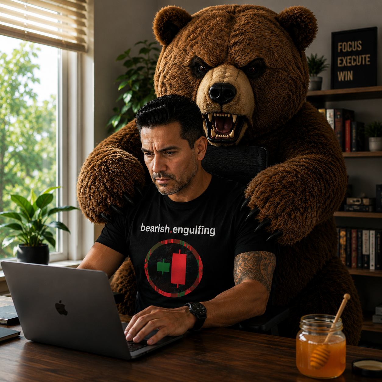 Person wearing a nano.narrative BLACK 'bearish.engulfing' shirt using a laptop with a large teddy bear over their shoulders.