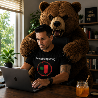 Person wearing a nano.narrative BLACK 'bearish.engulfing' shirt using a laptop with a large teddy bear over their shoulders.