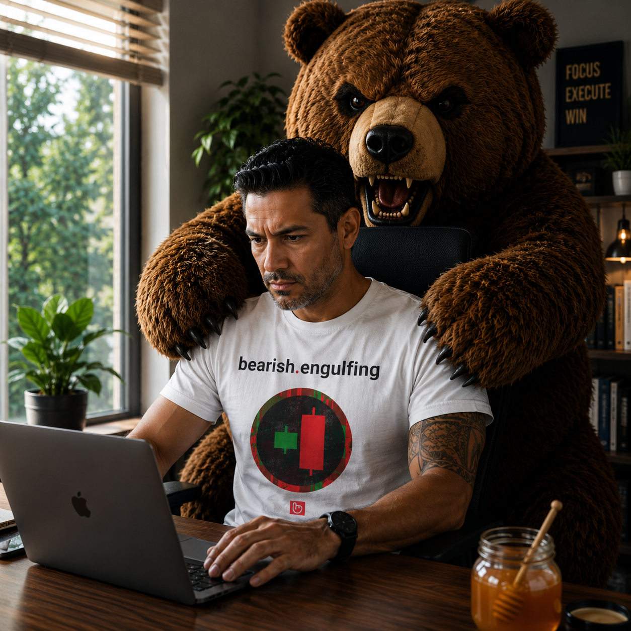 Person wearing a nano.narrative WHITE 'bearish.engulfing' shirt using a laptop with a large teddy bear over their shoulders.