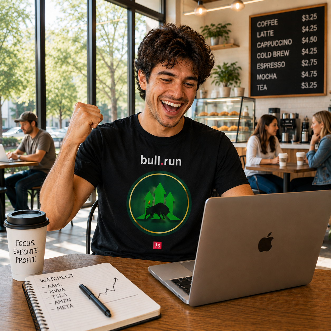 Young American stock trader celebrating a winning trade inside a bright modern café while wearing a black bull.run nano.narrative graphic tee and raising his fist beside an Apple laptop.