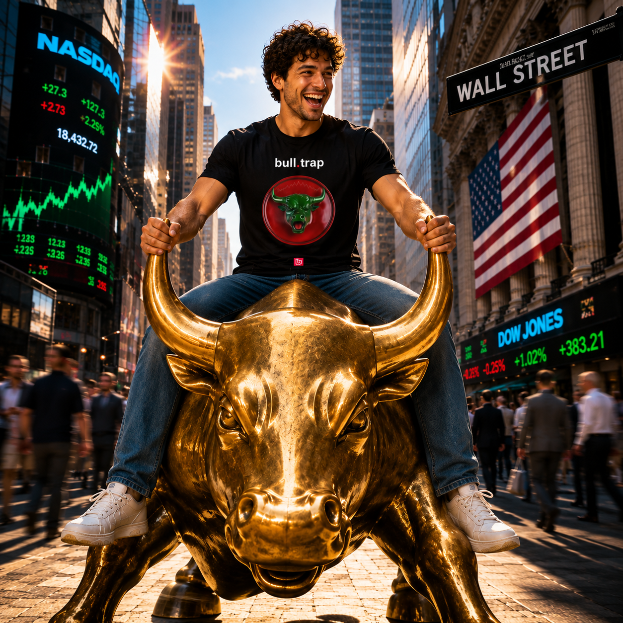 Young stock trader riding a giant golden bull through a busy Wall Street-style financial district while wearing a black bull.trap nano.narrative graphic tee and holding the bull’s horns with a euphoric expression.