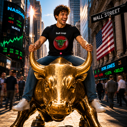 Young stock trader riding a giant golden bull through a busy Wall Street-style financial district while wearing a black bull.trap nano.narrative graphic tee and holding the bull’s horns with a euphoric expression.