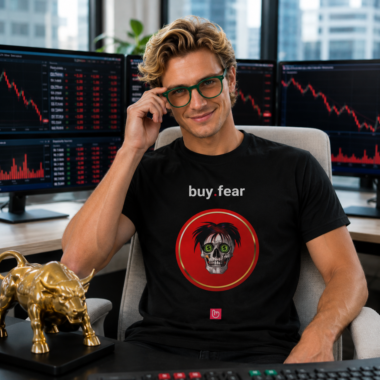 Man wearing a black buy.fear t-shirt seated in a bright modern trading office. He looks directly at the camera with a confident smile while adjusting green-framed glasses. Multiple trading monitors displaying market charts fill the background. A gold bull figurine sits on the desk beside him, and a light gray chair frames the scene. The shirt features the buy.fear design with a skull illustration inside a red circular emblem and the nano.narrative logo beneath.