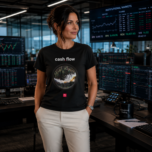 Beautiful 40-year-old stock trader standing in a modern institutional trading floor, wearing a black cash.flow nano.narrative graphic tee with light gray tailored pants. Multiple trading monitors with stock charts and market data glow in the background, creating a sleek professional finance atmosphere.