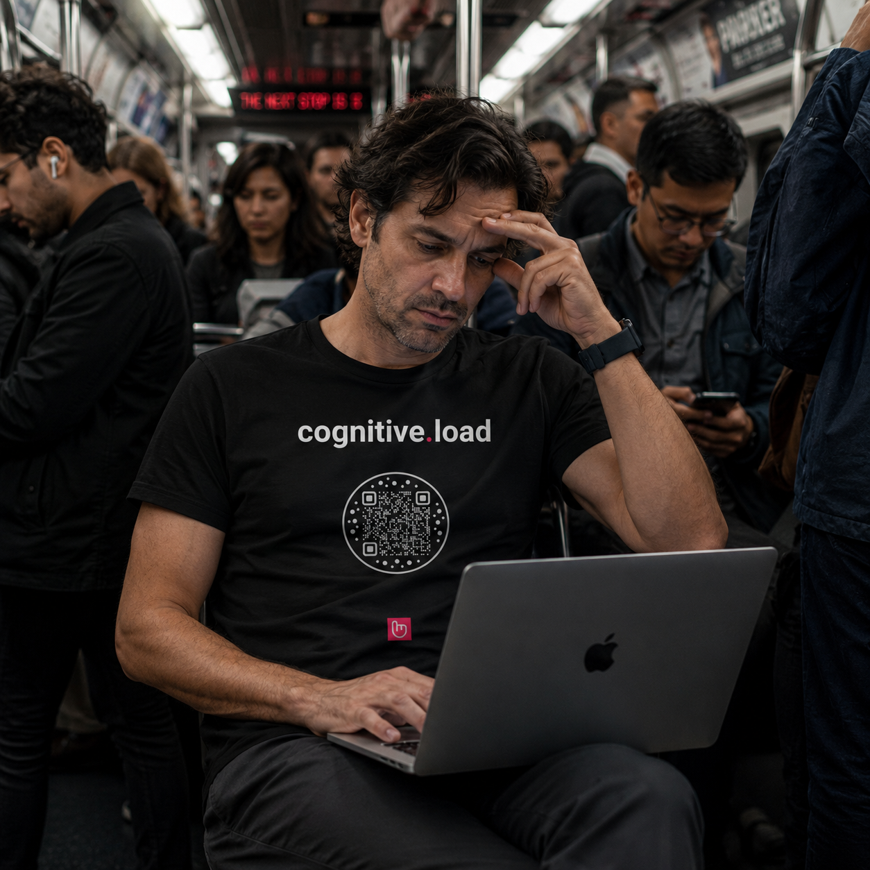 Exhausted stock trader wearing a black cognitive.load nano.narrative graphic tee while working on a MacBook inside a crowded and noisy subway train. His stressed facial expression and packed urban commute environment emphasize mental overload and cognitive fatigue.