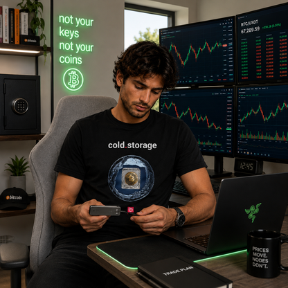 Young crypto trader seated in a gray ergonomic chair inside a modern home trading office, wearing a black cold.storage nano.narrative graphic tee while holding a Ledger-style cold wallet device. Multiple trading monitors display crypto charts in the background alongside a glowing green “not your keys not your coins” neon sign and a sleek Razer-style laptop setup.