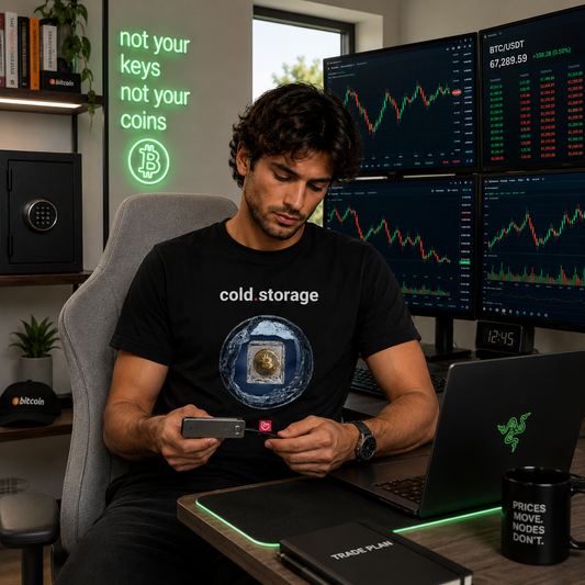 Young crypto trader seated in a gray ergonomic chair inside a modern home trading office, wearing a black cold.storage nano.narrative graphic tee while holding a Ledger-style cold wallet device. Multiple trading monitors display crypto charts in the background alongside a glowing green “not your keys not your coins” neon sign and a sleek Razer-style laptop setup.