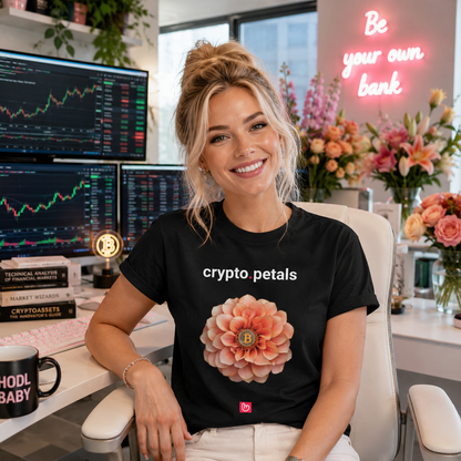 Smiling blonde crypto trader wearing a black crypto.petals nano.narrative tee in a bright floral trading room, surrounded by colorful flowers, crypto charts, and soft pink neon lighting.