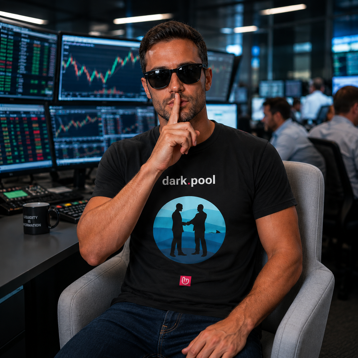 33-year-old institutional trader in a bright trading floor wearing a black dark.pool nano.narrative tee, black sunglasses, and making a “shh” gesture toward the camera while seated in a light gray chair surrounded by trading monitors.