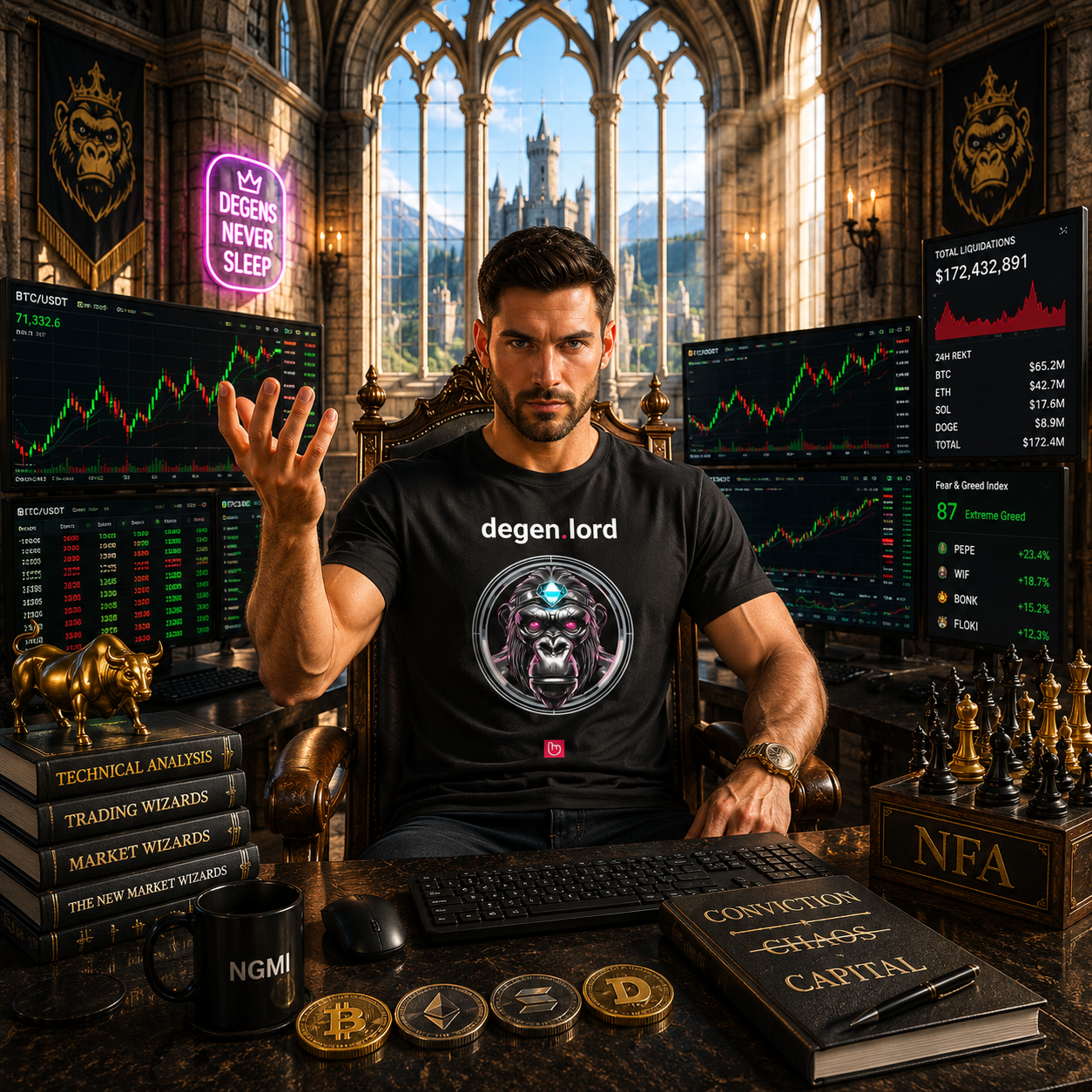 Young crypto trader seated on a throne-like chair inside a luxurious gothic castle trading office, surrounded by crypto monitors, market dashboards, and glowing neon signage. He wears a black degen.lord nano.narrative tee with a chrome gorilla diamond design, raising his hand with a royal gesture while staring intensely toward the camera in bright cinematic lighting.