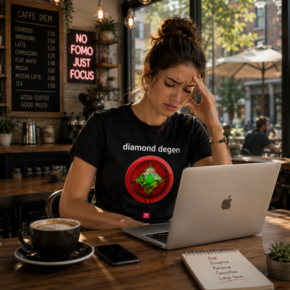Crypto trader woman sitting in a bright modern café, wearing a black diamond.degen nano.narrative tee while looking stressed in front of a silver Apple laptop. Warm sunlight fills the café as she holds her forehead with a painful expression, surrounded by coffee, trading notes, and a glowing “No FOMO Just Focus” sign.