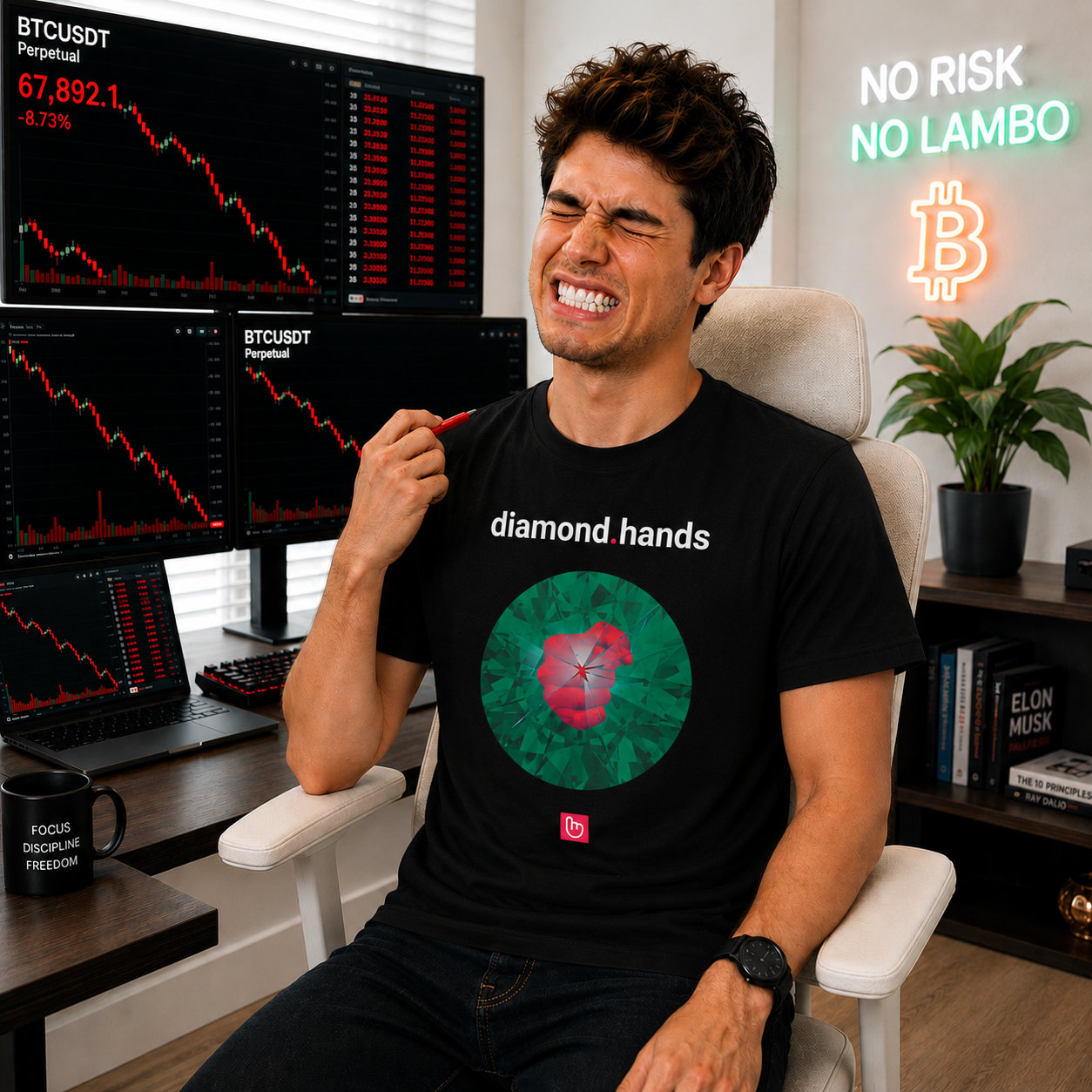 Young crypto trader in a bright modern home trading room wearing a black diamond.hands nano.narrative tee with emerald diamond fist artwork. He grimaces through market pain while Bitcoin charts crash sharply on surrounding monitors. Cream ergonomic chair, soft daylight, strong backlight separation, and realistic centered print placement matching the original product reference.