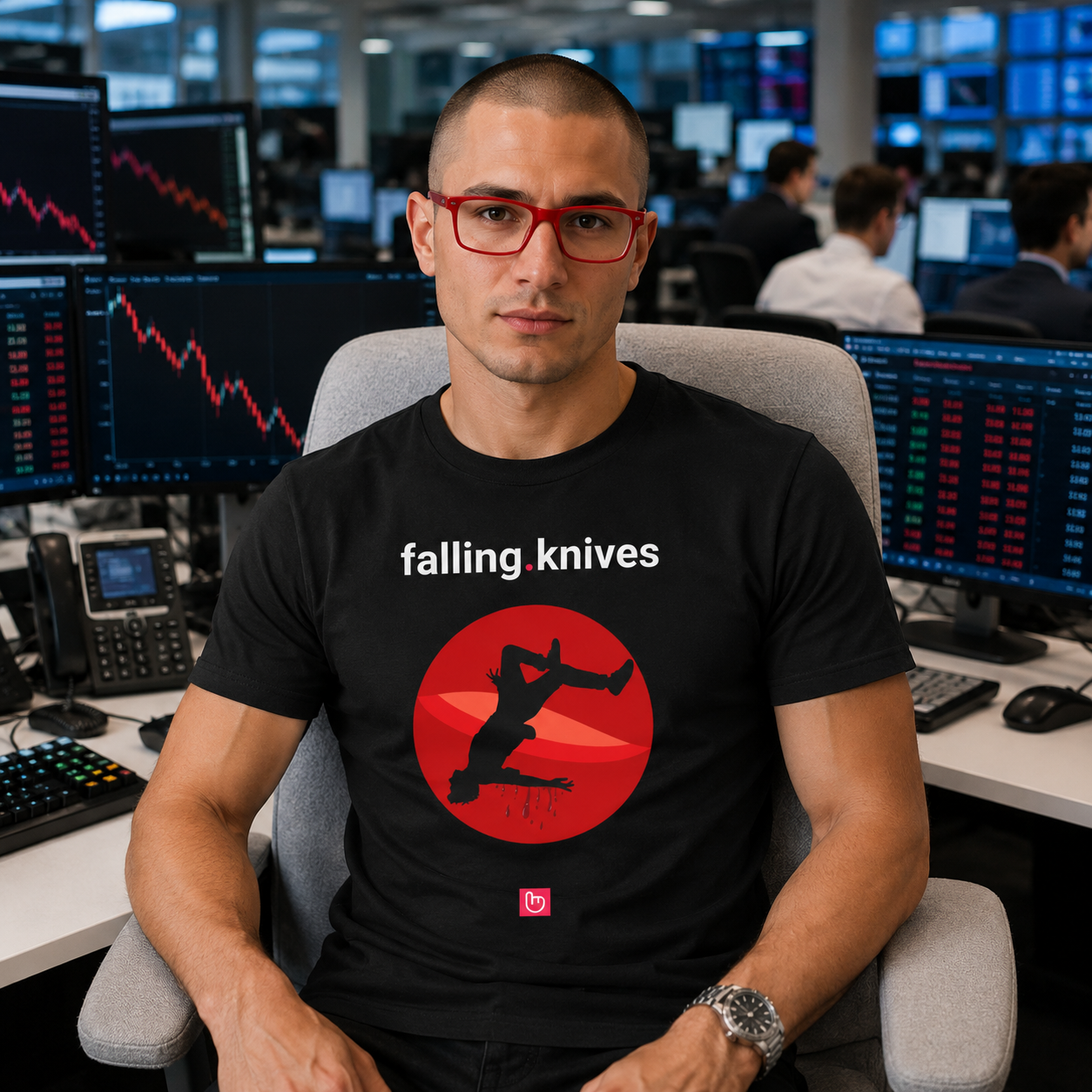 Young clean-shaven day trader wearing red glasses and a black falling.knives nano.narrative T-shirt while seated on a light gray chair inside a modern institutional trading floor. Large trading screens behind him show aggressive red downward market charts as he faces the camera with a calm, focused look.