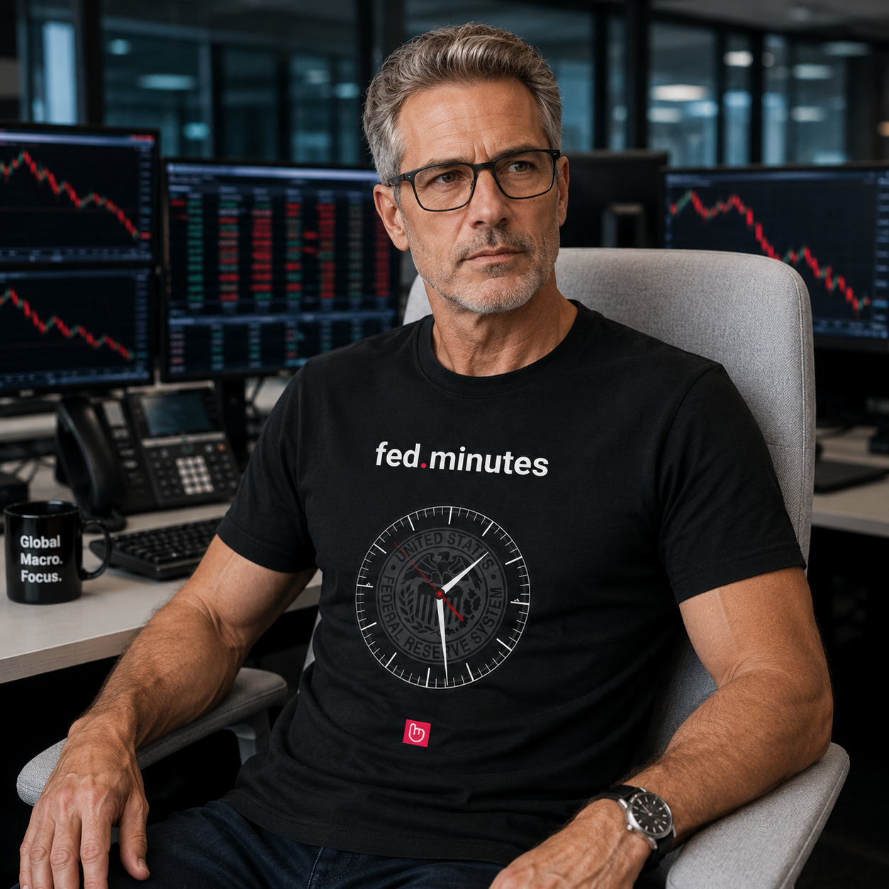 Focused 54-year-old macro trader wearing a black fed.minutes nano.narrative T-shirt while seated in a light gray office chair inside a modern institutional trading room. Multiple monitors behind him display red market charts and macro trading data as he looks attentively off-camera with a serious, concentrated expression.