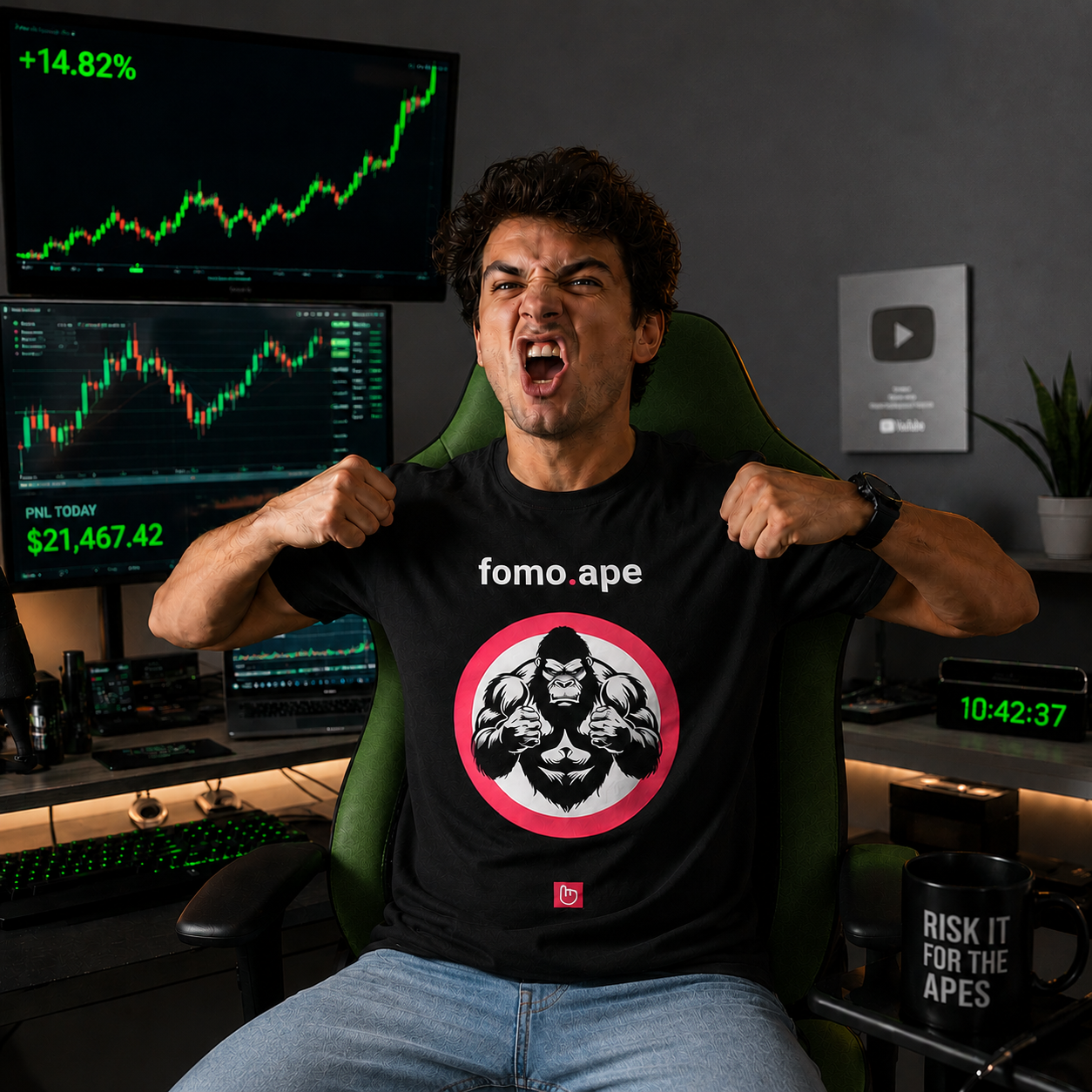 Young degen-style trader in a modern home trading setup wearing a black fomo.ape nano.narrative tee with a muscular gorilla graphic inside a hot-pink circle. He mimics gorilla hand gestures with an intense expression while sitting in a green gaming chair surrounded by glowing green stock charts and trading monitors.