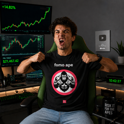 Young degen-style trader in a modern home trading setup wearing a black fomo.ape nano.narrative tee with a muscular gorilla graphic inside a hot-pink circle. He mimics gorilla hand gestures with an intense expression while sitting in a green gaming chair surrounded by glowing green stock charts and trading monitors.