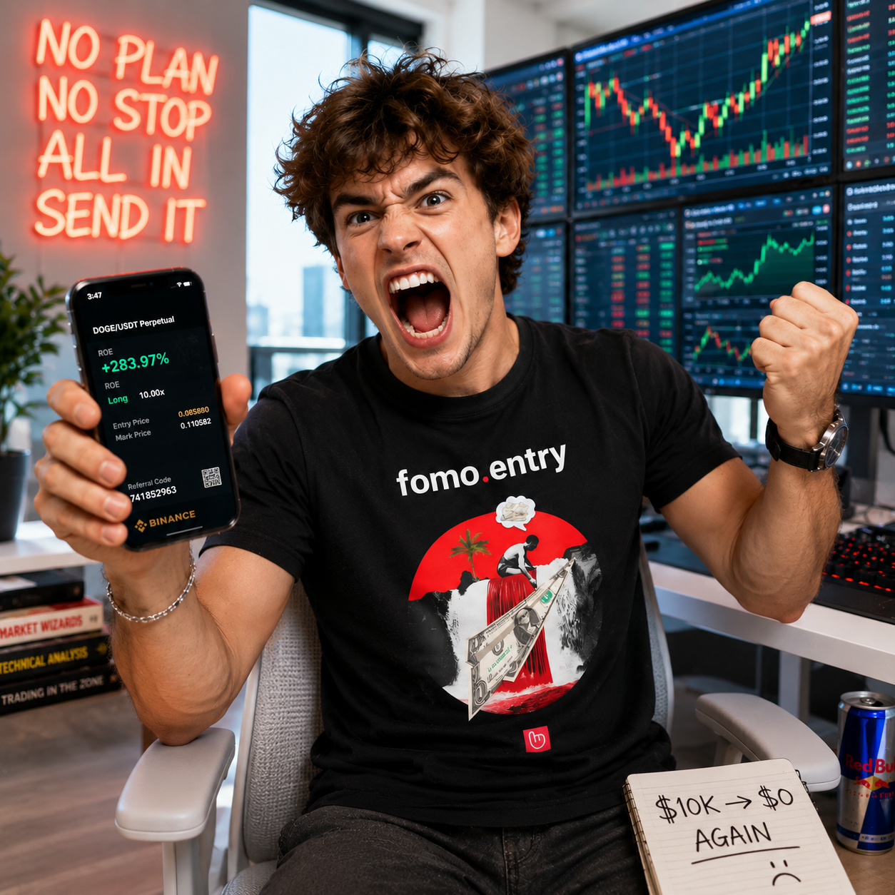 Wild 24-year-old YOLO trader screaming in excitement while wearing a black fomo.entry nano.narrative tee in a bright trading setup, holding a phone with massive gains as market charts flash behind him.