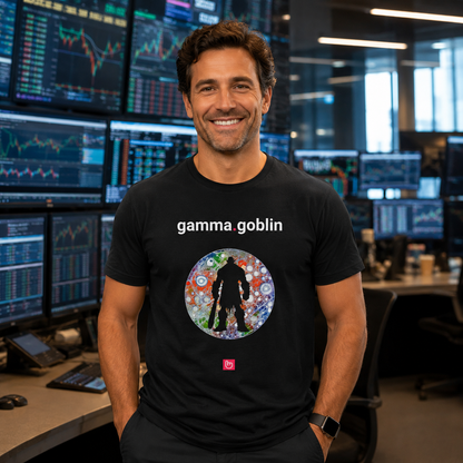 Smiling 37-year-old options trader wearing a black gamma.goblin nano.narrative tee in a bright institutional trading floor, surrounded by live market charts and multiple trading monitors, Apple Watch visible.