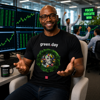 Smiling stock trader wearing a black green.day nano.narrative tee in a bright institutional trading office, seated in a light gray chair with open hands, green market charts glowing across multiple monitors behind him.