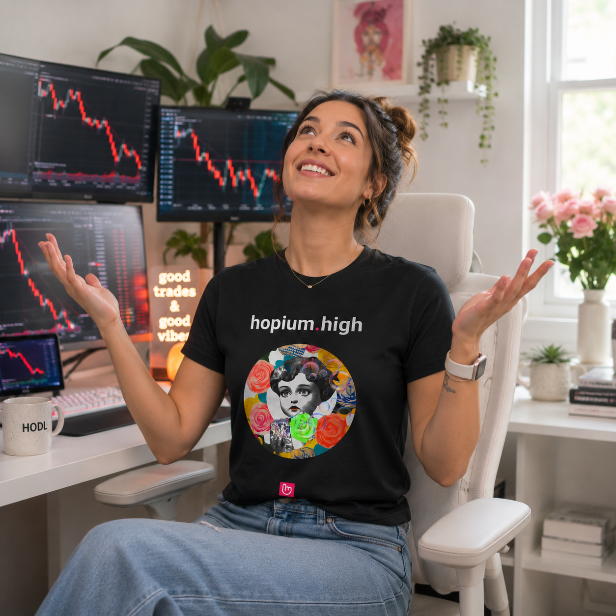 Young female day trader wearing a black hopium.high nano.narrative tee in a bright home trading office, raising her hands and looking hopefully toward the sky while red market candles fill the monitors behind her.