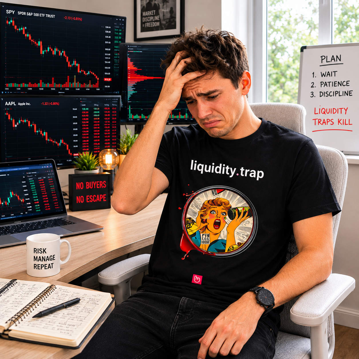 Young stock trader wearing a black liquidity.trap nano.narrative tee in a bright home trading office, sitting in a light gray chair with a stressed expression while red market charts collapse across multiple monitors and no buyers appear in the market.