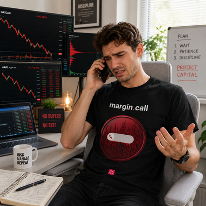 Young trader wearing a black margin.call nano.narrative tee in a bright home trading office, holding a phone in panic while red stock charts collapse across multiple monitors and he gestures in frustration from a light gray chair.