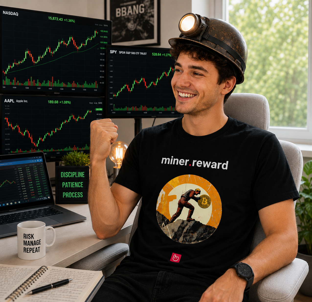 Young trader wearing a black miner.reward nano.narrative tee and a vintage mining helmet in a bright home trading office, smiling confidently with a raised fist while realistic upward-trending stock charts glow across multiple monitors behind him.