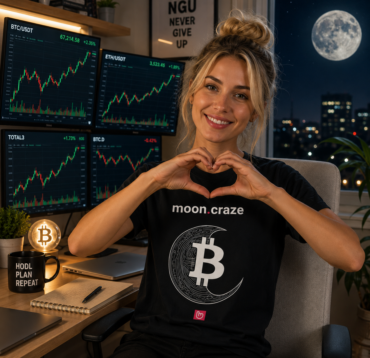 Blonde female crypto trader wearing a black moon.craze nano.narrative tee in a bright home trading office, smiling toward the camera while making a heart shape with her hands as a full moon glows outside the window behind her.